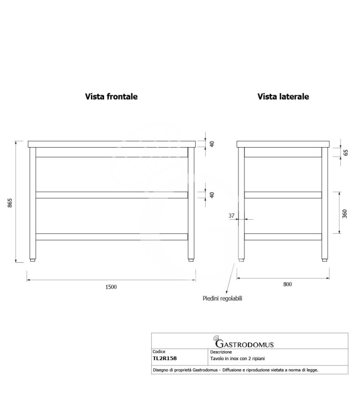 Tavolo inox 2 ripiani L 1500 mm x P 800 mm x H 865 mm