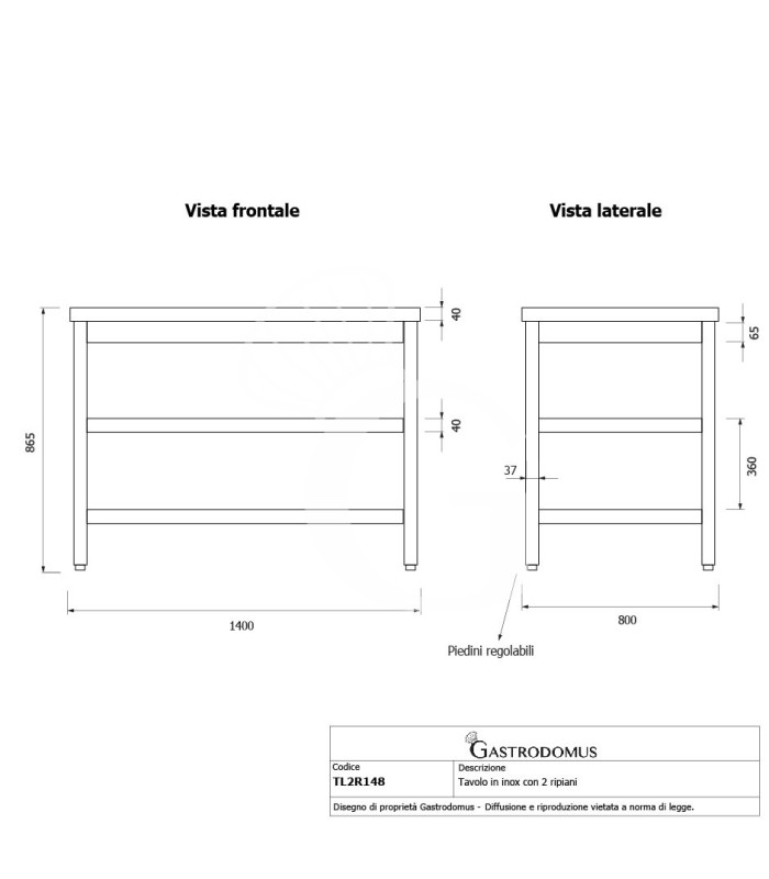 Tavolo inox 2 ripiani L 1400 mm x P 800 mm x H 865 mm