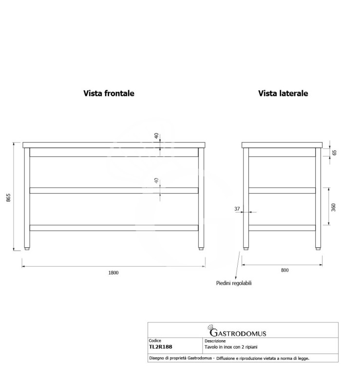 Tavolo inox 2 ripiani L 1800 mm x P 800 mm x H 865 mm