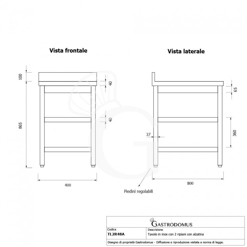 Tavolo inox 2 ripiani alzatina L 400 mm x P 800 mm x H 965 mm