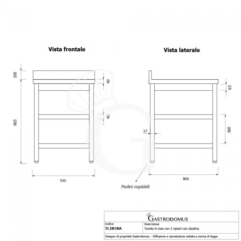 Tavolo inox 2 ripiani alzatina L 500 mm x P 800 mm x H 965 mm