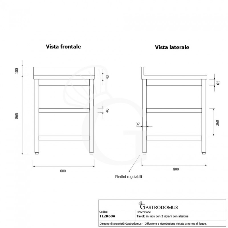 Tavolo inox 2 ripiani alzatina L 600 mm x P 800 mm x H 965 mm