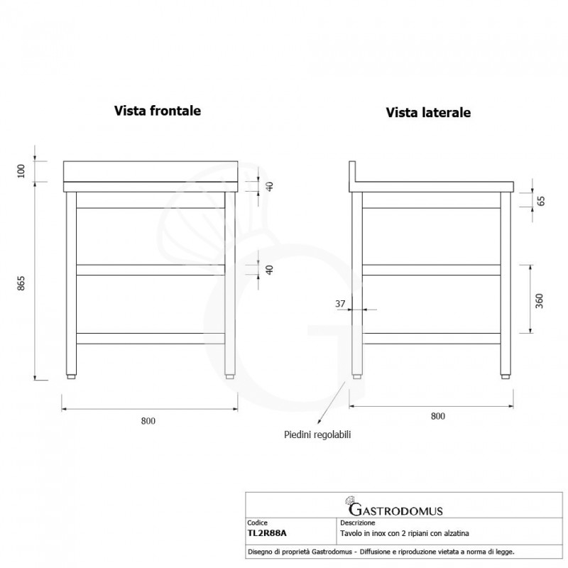 Tavolo inox 2 ripiani alzatina L 800 mm x P 800 mm x H 965 mm