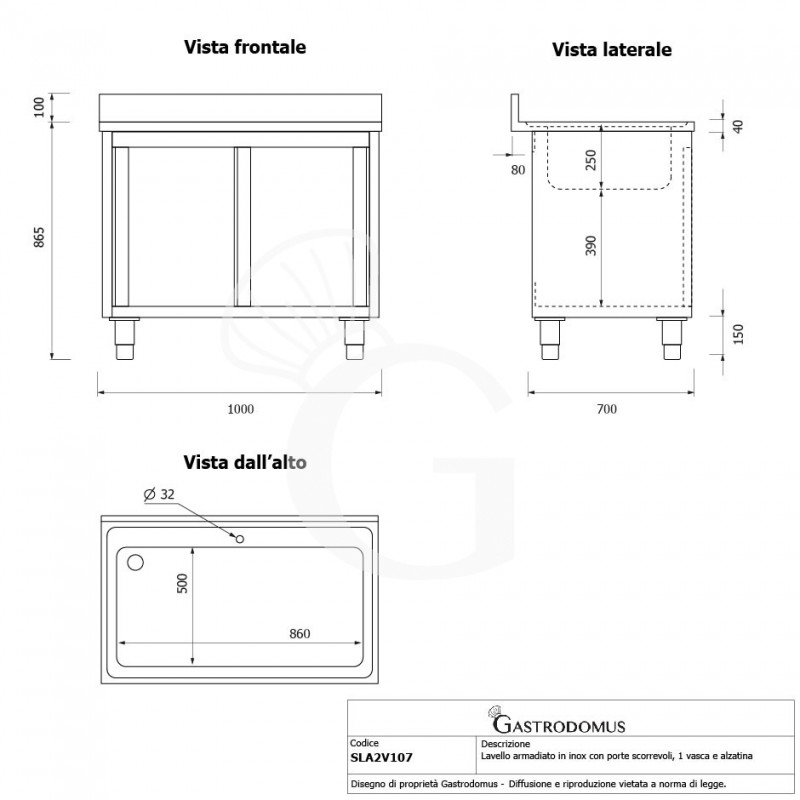 Lavapentole armadiato in acciaio inox,porte scorrevoli,alzatina,1 vasca, L 1000 x P 700 x H 965 mm - con foro rubinetto Ø 32 mm