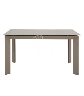 Tavolo con struttura in metallo verniciato e piano allungabile in cristallo, estensione in MDF laccata