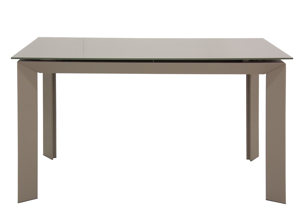 Tavolo con struttura in metallo verniciato e piano allungabile in cristallo, estensione in MDF laccata