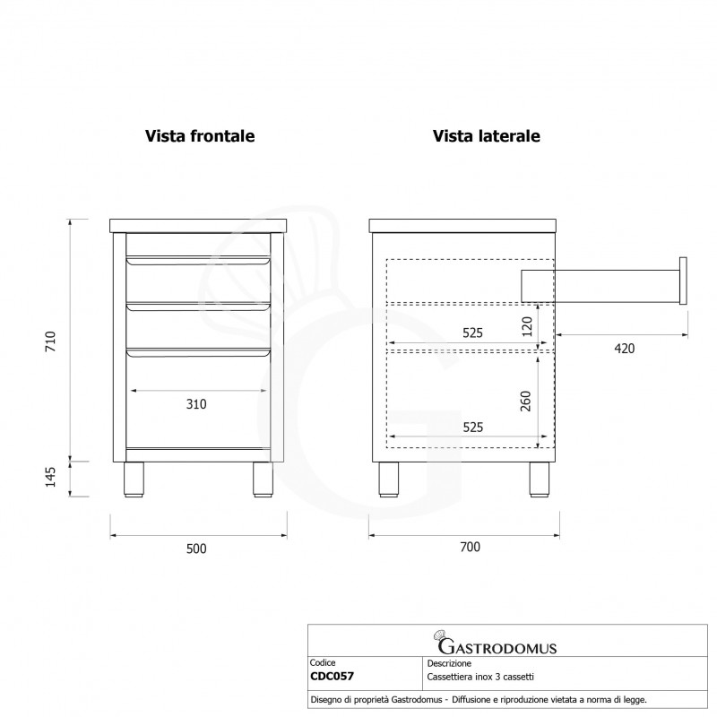 Cassettiera inox con 2 cassetti e un cassettone, L 500 x P 700 x H 855 mm