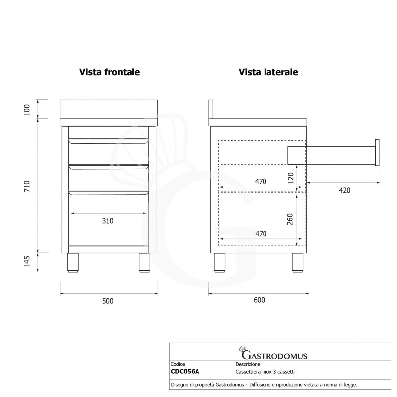 Cassettiera in acciaio inox con 2 cassetti, un cassettone, alzatina, L 500 x 600 x H 955 mm