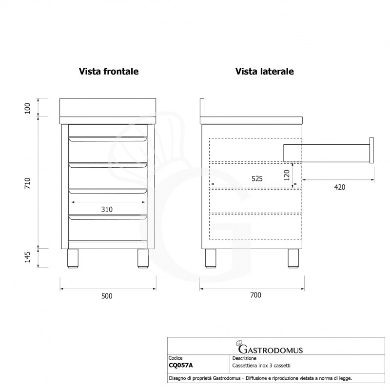 Cassettiera inox con 4 cassetti e alzatina, L 500 x P 700 x H 955 mm