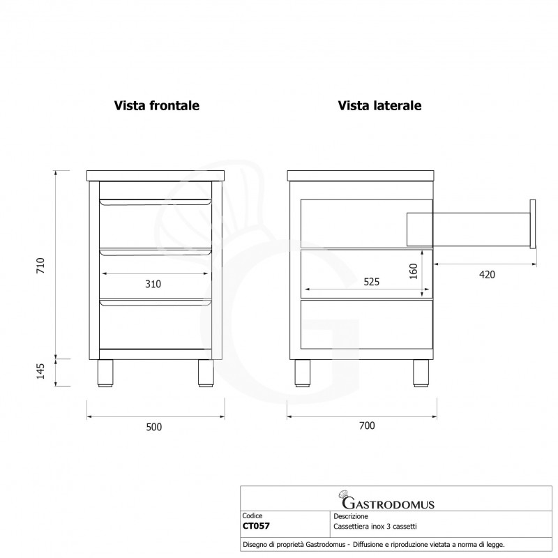 Cassettiera inox con 3 cassetti, L 500 x P 700 x H 855 mm