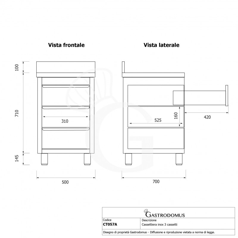 Cassettiera inox con 3 cassetti e alzatina, L 500 x P 700 x H 955 mm