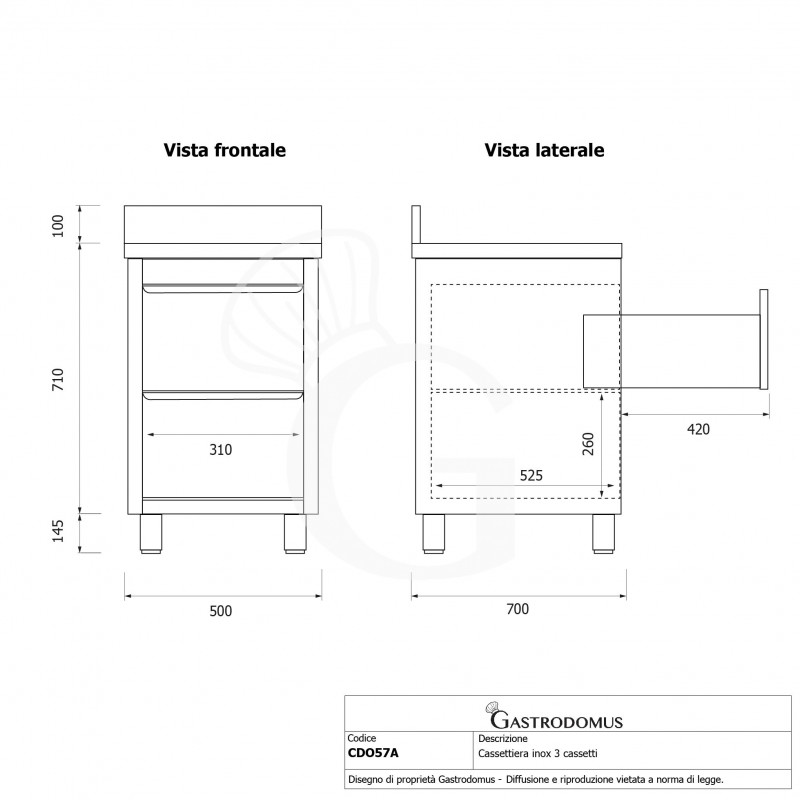 Cassettiera inox con 2 cassetti e alzatina, L 500 x P 700 x H 955 mm