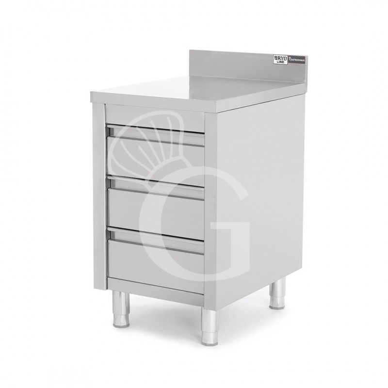 Cassettiera inox con 3 cassetti e alzatina, L 500 x P 700 x H 950 mm