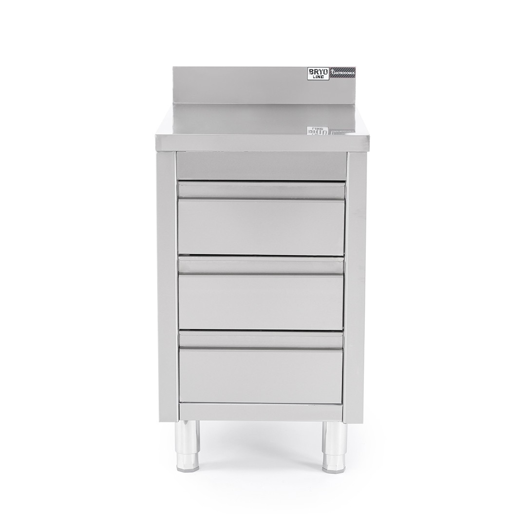 Cassettiera inox con 3 cassetti e alzatina, L 500 x P 700 x H 950 mm