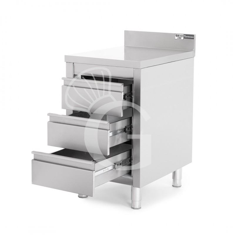 Cassettiera inox con 3 cassetti e alzatina, L 500 x P 700 x H 950 mm
