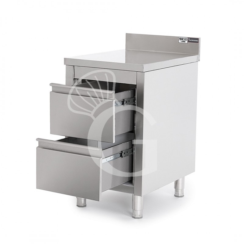 Cassettiera inox con 2 cassetti e alzatina, L 500 x P 700 x H 955 mm