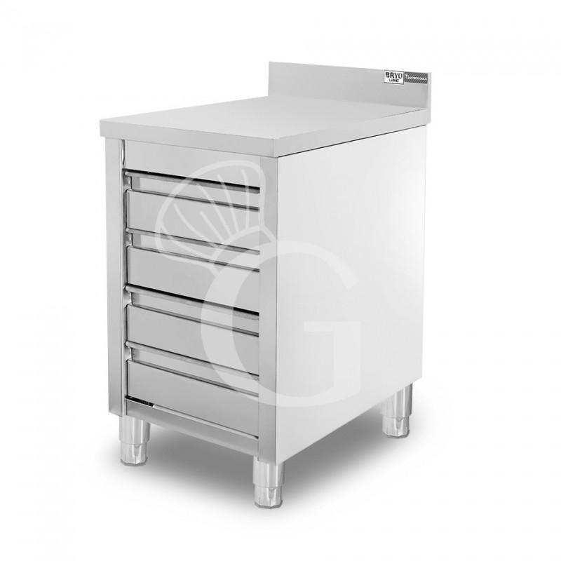 Cassettiera inox con 4 cassetti e alzatina, L 500 x P 700 x H 950 mm