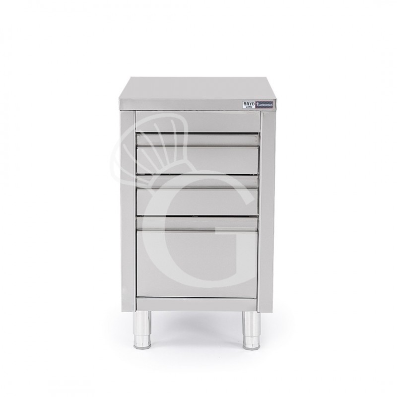Cassettiera inox con 2 cassetti e un cassettone, L 500 x P 700 x H 850 mm