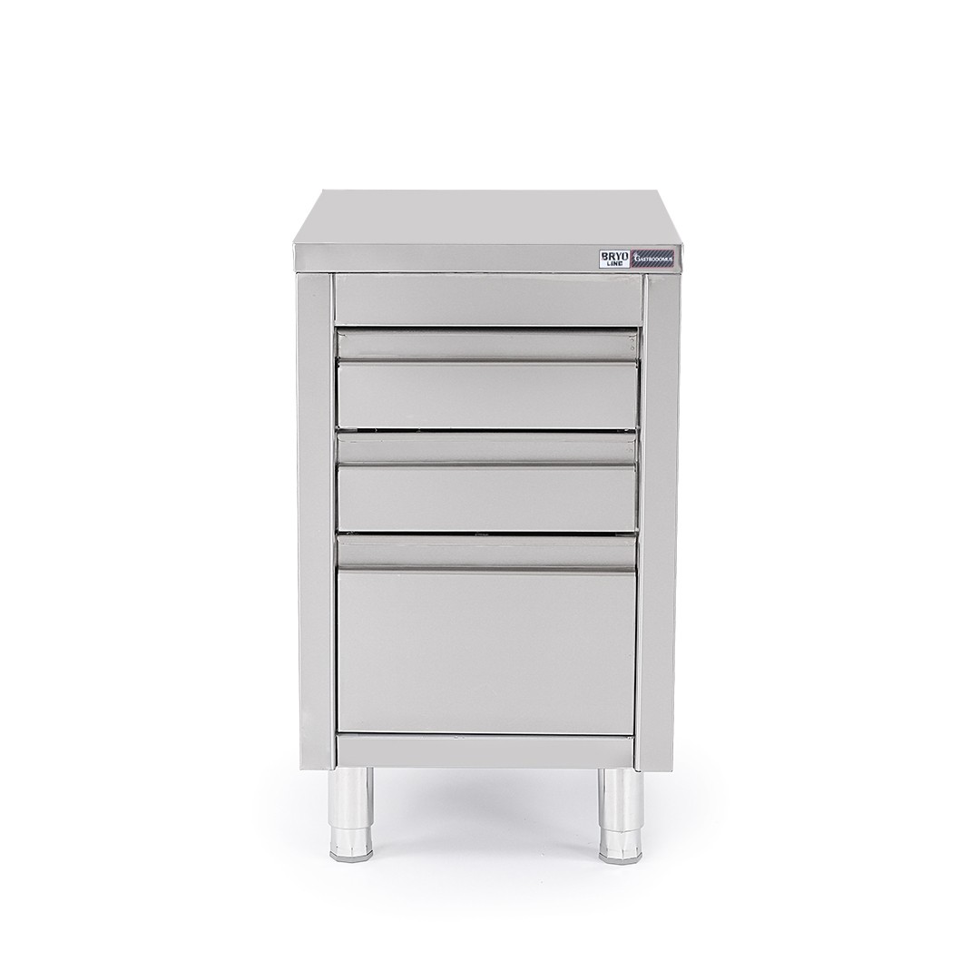 Cassettiera inox con 2 cassetti e un cassettone, L 500 x P 700 x H 850 mm