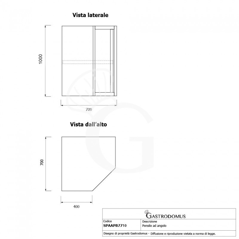 Pensile a angolo con 1 porta battente, 1 ripiano, L 700 x P 700 x H 1000 mm