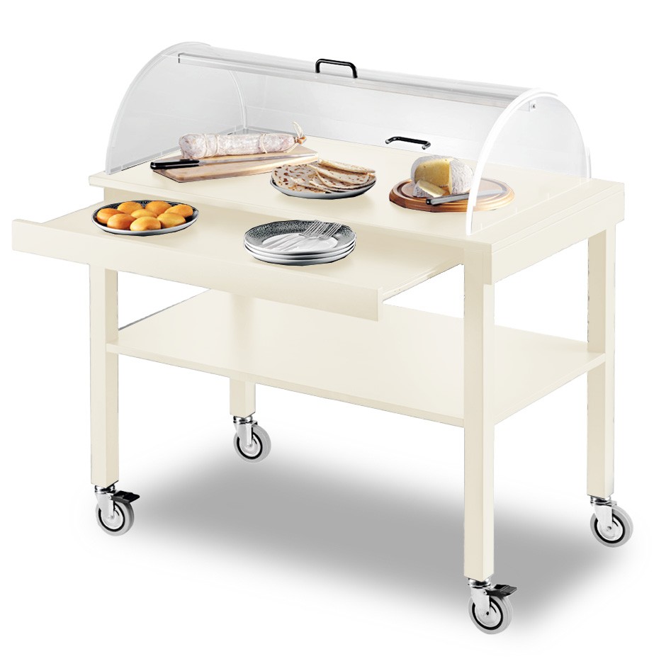 Carrello in legno laccato 2 piani con cupola semicilindrica - L 1000 x P 560 x H 1100 mm - Bianco