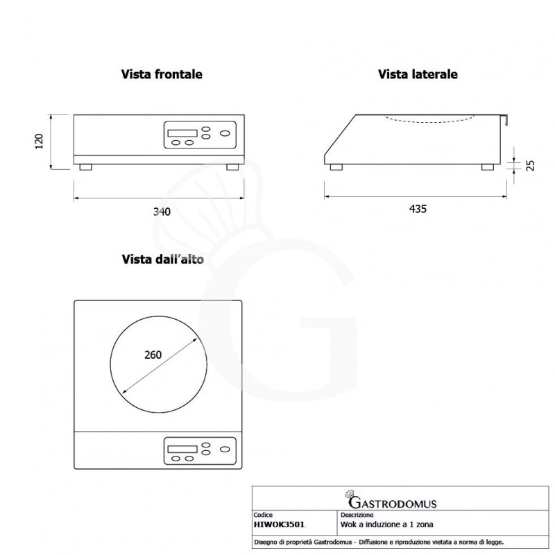 Wok a induzione 1 zona di cottura L 340 mm x P 440 mm x H 125 mm 3500 W - tecnico