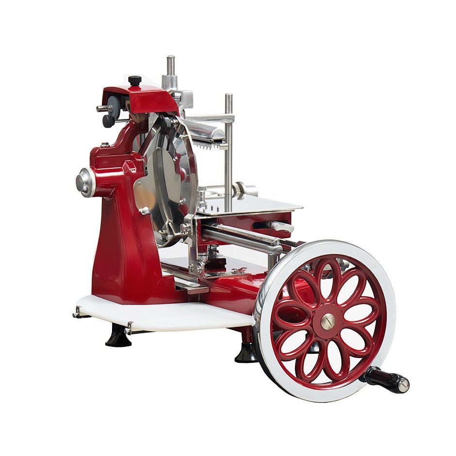 Affettatrice a volano in alluminio con verniciatura a fuoco, lama diametro 300 mm, taglio utile L 230 x H 180 mm