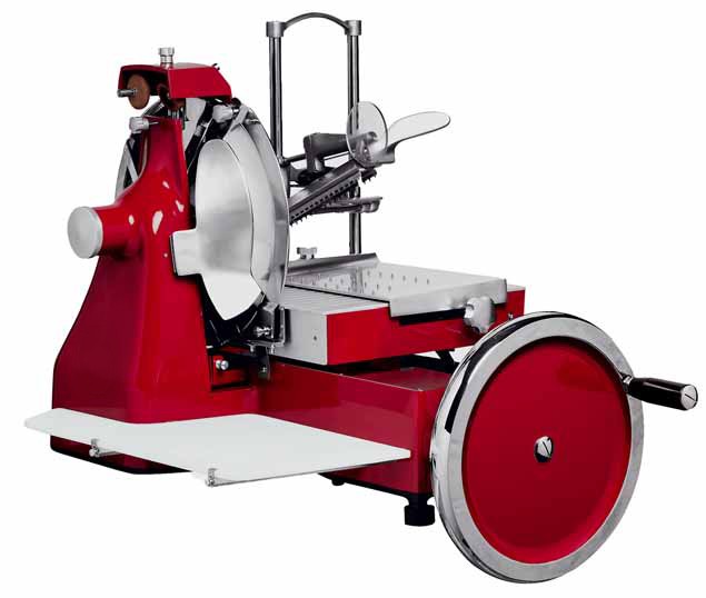 Affettatrice a volano in alluminio con verniciatura a fuoco, lama diametro 350 mm, taglio utile L 270 x H 240 mm