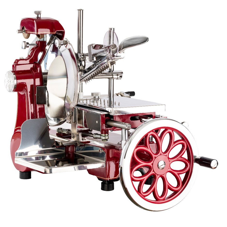 Affettatrice a volano in alluminio con verniciatura a fuoco, lama diametro 350 mm, taglio utile L 270 x H 240 mm