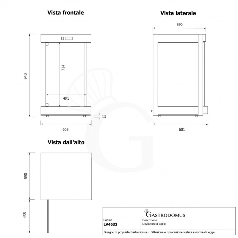 Cella di lievitazione 8 teglie 460x340 o GN 2/3 L 605 mm x P 601 mm x H 940 mm