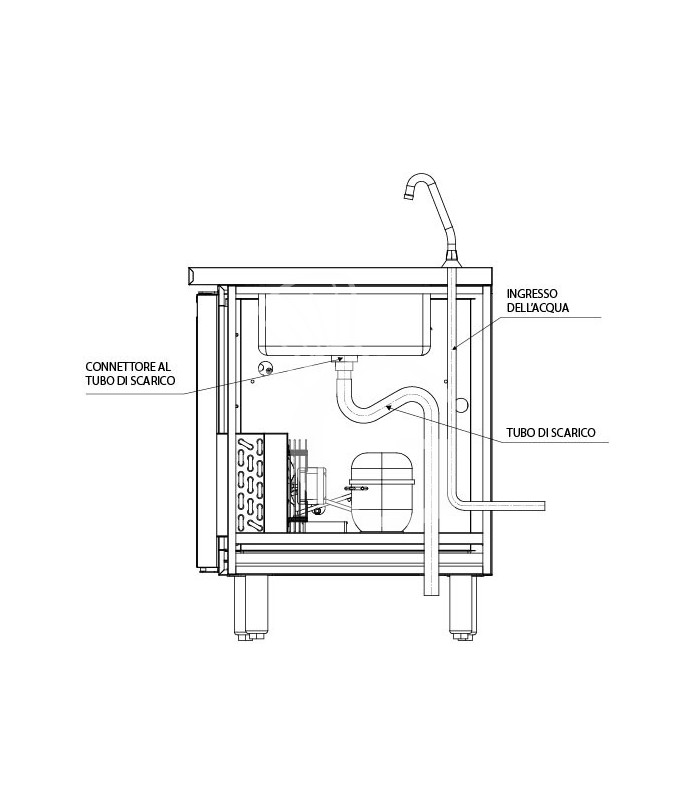 Tavolo refrigerato 2 cassetti 1 porta con lavello e alzatina, Prof. 700 mm, temp. +2°C/+8°C, completo di rubinetto