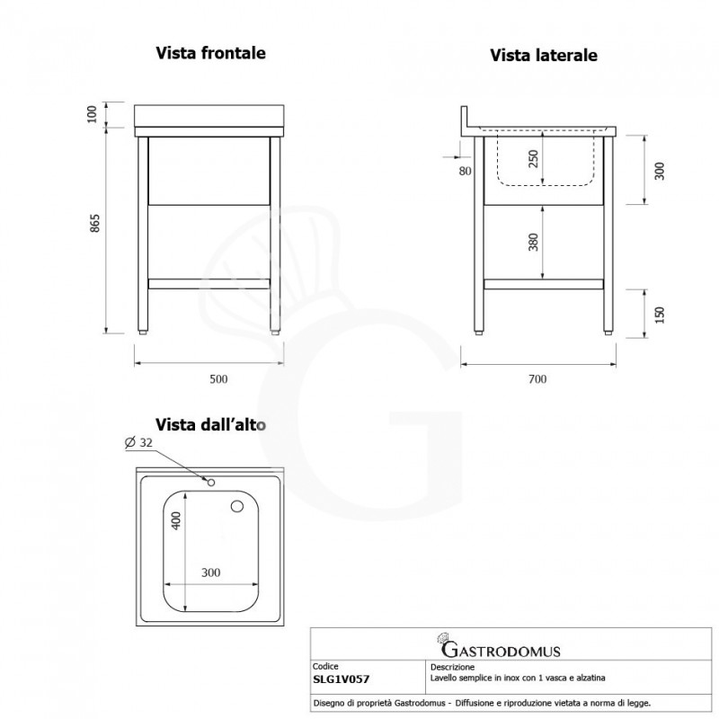 Lavandino semplice in acciaio inox, 1 ripiano, alzatina, 1 vasca, L 500 x P 700 x H 965 mm - con foro rubinetto Ø 32 mm