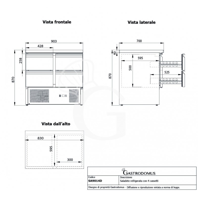 Saladette refrigerazione statica con 4 cassetti, piano in inox e temperatura +2°C/+8°C