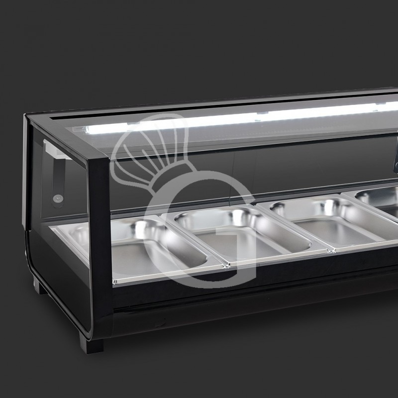 Vetrina sushi 4 bacinelle GN1/3 190 W L 1175 x P 425 x H 295 mm, vetro frontale dritto