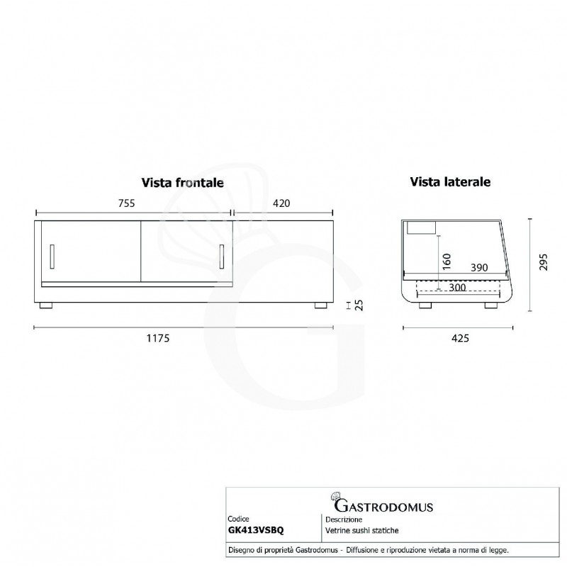 Vetrina sushi 4 bacinelle GN1/3 190 W L 1175 x P 425 x H 295 mm, vetro frontale dritto