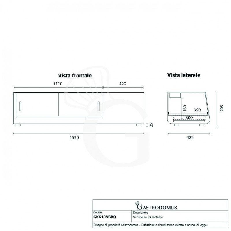Vetrina sushi 6 bacinelle GN1/3 190 W L 1530 mm x P 425 mm x H 295 mm