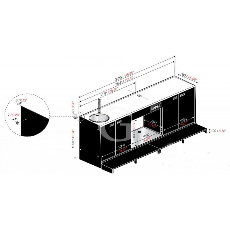 Banco bar + Retrobanco Lunghezza 3metri Drop-in Vetro curvo