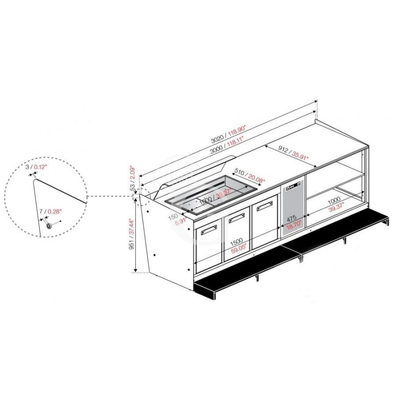 Banco bar + Retrobanco Lunghezza 3metri Drop-in Vetro curvo
