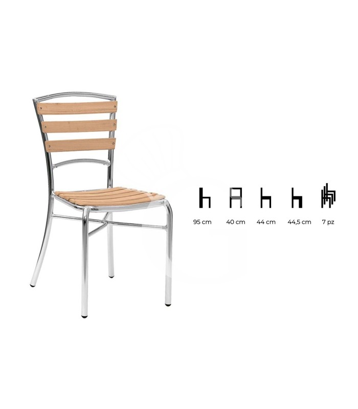 Sedia Ibis con struttura in alluminio anodizzato, seduta e schienale a doghe in legno di rovere