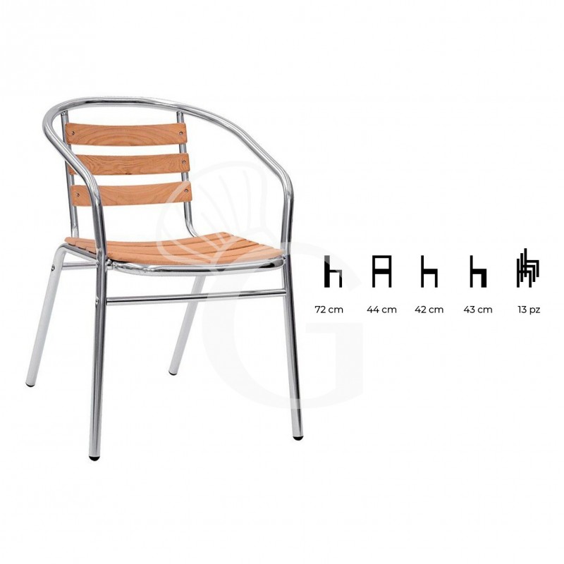 Sedia Arco Slim con struttura in alluminio anodizzato, seduta e schienale a doghe in legno di rovere