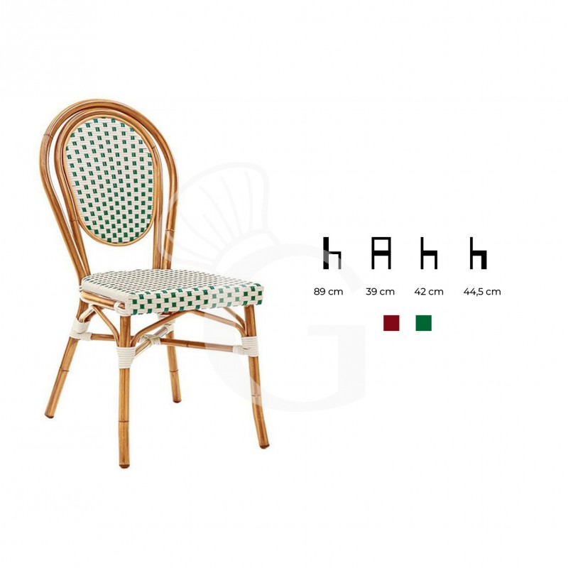 Sedia Molly in alluminio verniciato e bambù, seduta e schienale con rivestimento in filo di nylon
