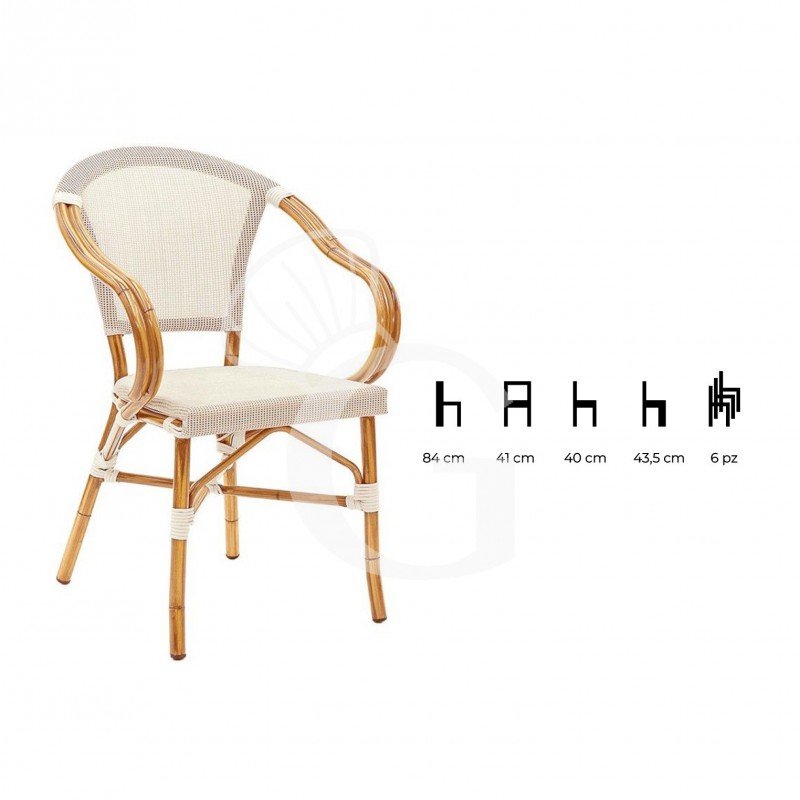 Poltroncina Romance con struttura in alluminio verniciato in bambù, seduta e schienale in textilene