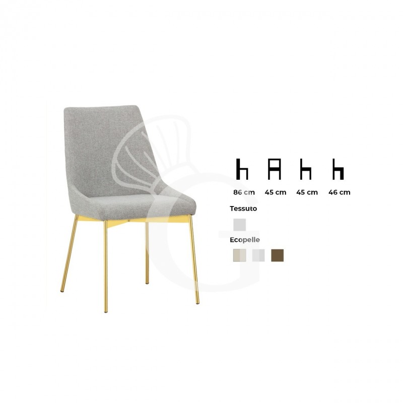 Sedia con struttura in metallo, color ottone satinato, rivestita in ecopelle o tessuto