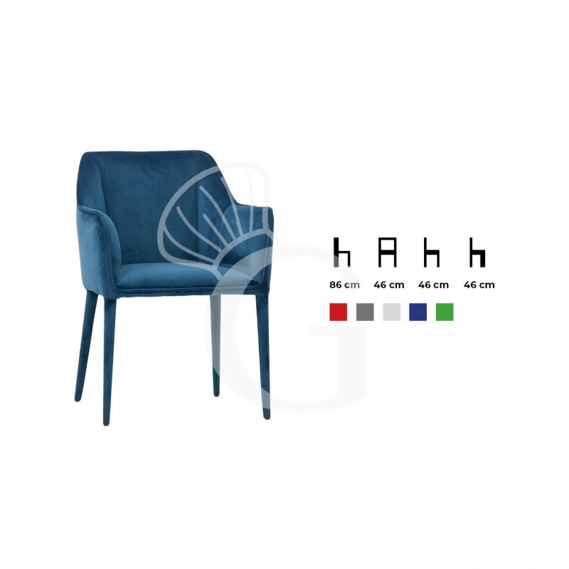 Poltroncina con struttura in metallo, seduta e schienale imbottiti, e rivestimento in velluto