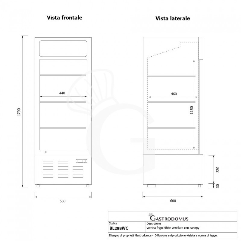 Frigo Bibite Ventilato 1 porta battente con Canopy 249 LT 2°C/+8°C colore bianco