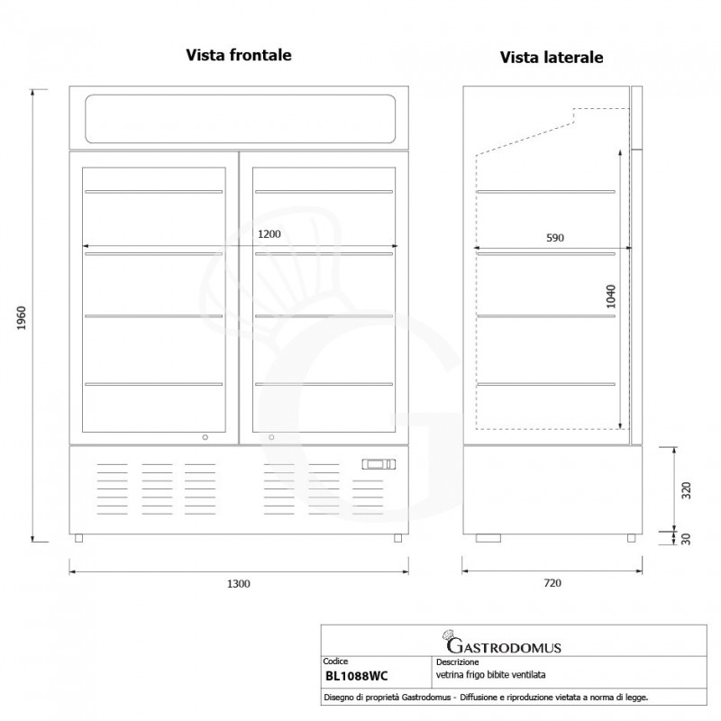 Frigo Bibite Ventilato 2 porte battenti con Canopy 1001 LT 2°C/+8°C colore bianco