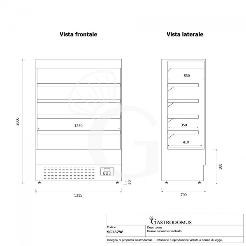 Murale espositivo ventilato bianco con tenda notte, temperatura -1°C/+7°C e lunghezza 1315 mm