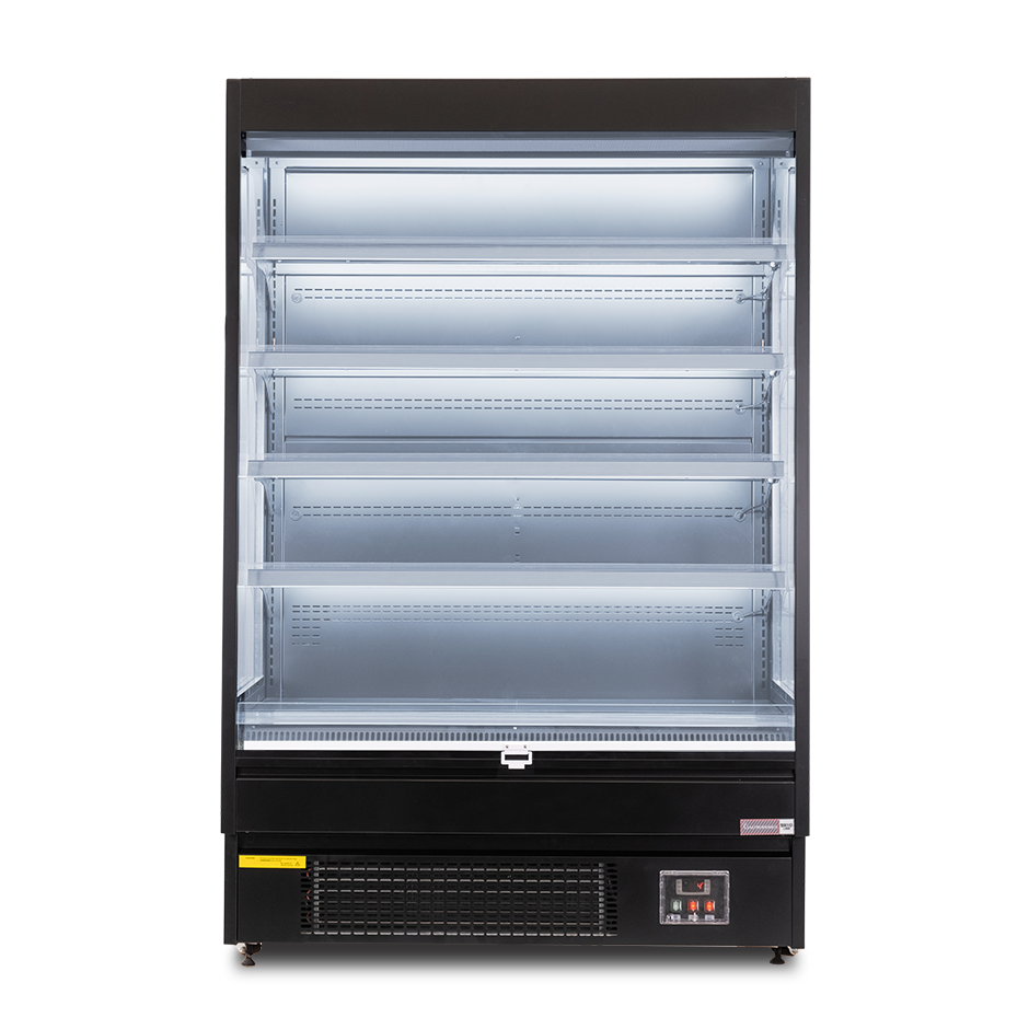 Murale espositivo ventilato nero con tenda notte, temperatura -1°C/+7°C e lunghezza 1315 mm