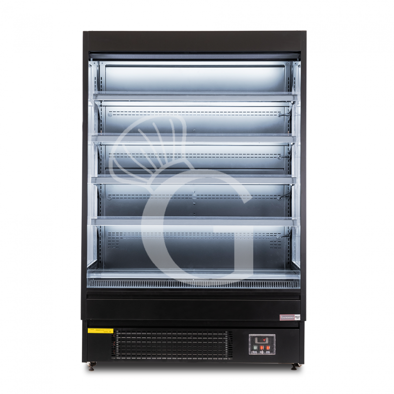 Murale espositivo ventilato nero con tenda notte, temperatura -1°C/+7°C e lunghezza 1315 mm