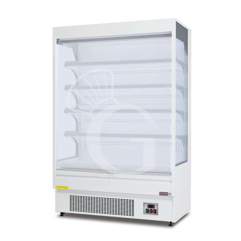 Murale espositivo ventilato bianco con tenda notte, temperatura -1°C/+7°C e lunghezza 1315 mm
